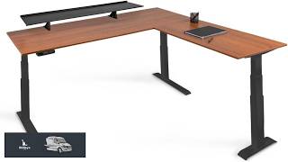 71" L Shaped Programmable Electric Standing Desk with Shelf Black Frame Teak Top