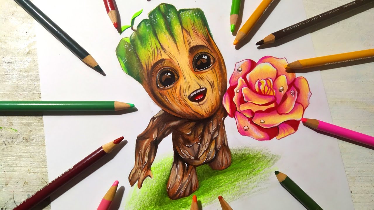 DIBUJANDO A YO SOY GROOT CON UNA ROSA - DIBUJOS DE AMOR - thptnganamst.edu.vn