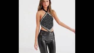 Embellished Halter Neck Crop Top And Vinyl Pants