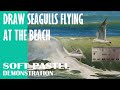 How to Draw Seagulls Flying at the Beach - Distant Birds Flying in Soft Pastel