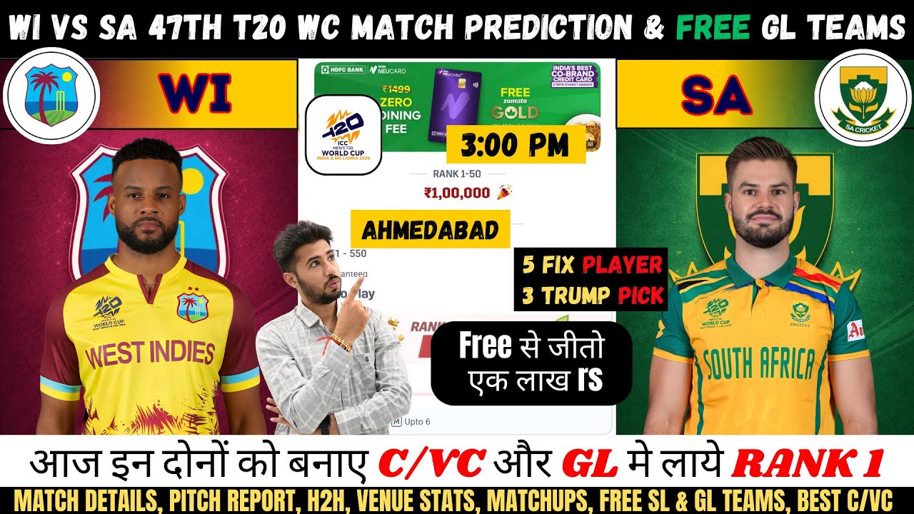 WI vs SA Dream11 Team, WI vs SA 47th T20I Match Prediction, West Indies vs South Africa Dream11