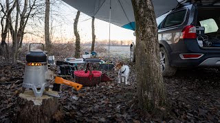Winter car camping solo with my dog [-6°C] - Volvo XC70, campfire, wood stove