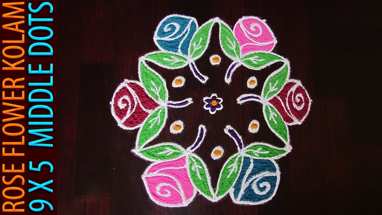 Rose Flower Kolam With Dots | 9x5 Middle Dots Rose Flower Rangoli ...