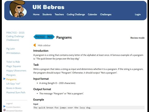 Pangrams - Python - UK Bebras Coding Challenge (known as OUCC) - Trailblazers