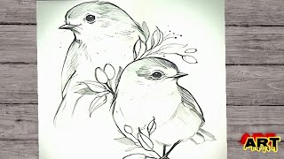 رسم طيور | كيفية رسم عصفورين |رسم عصفور علي غصن رسم عصفورين بالرصاص |رسم سهل رسم الطيور