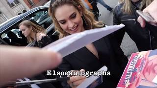 Lily James signing autographs at Little Woods Movie Premiere. Cinderella, Mamma Mia!