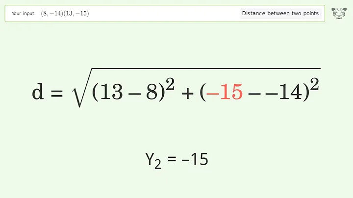 Find the distance between two points p1 (8,-14) and p2 (13,-15): Step-by-Step Video Solution