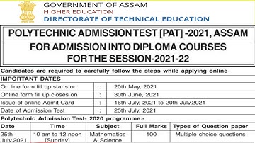 Polytechnic Admission Test,PAT-2021,AssamIFor Admission into Diploma Courses For the Session-2021-22