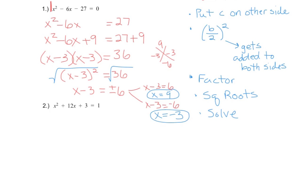 Alg 1 Notes Lesson 9.3 Solving Quadratic Equations by Completing the ...