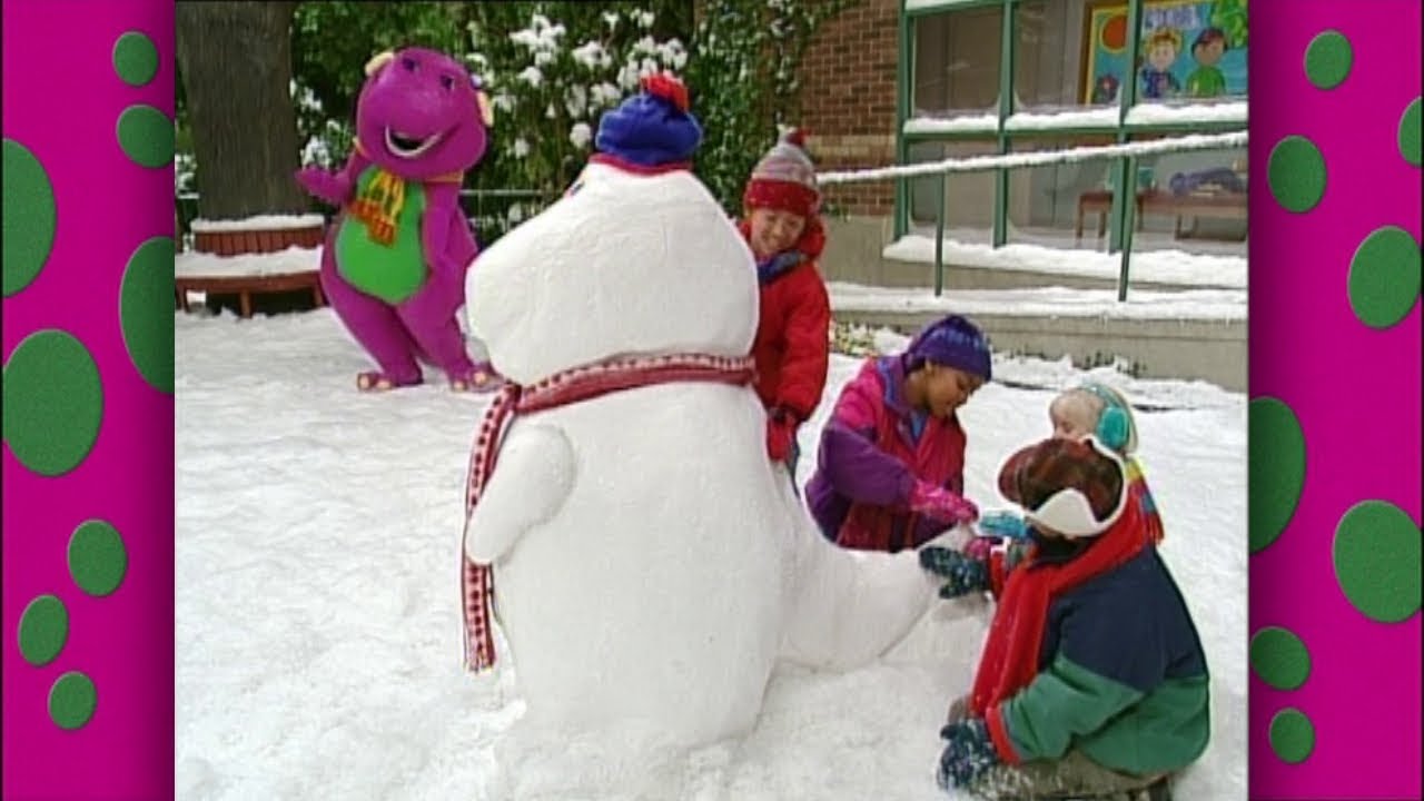 Barney a sunny snowy day