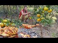 Adventure in forest duck spicy roast and pick oranges for food in jungle  survival cooking