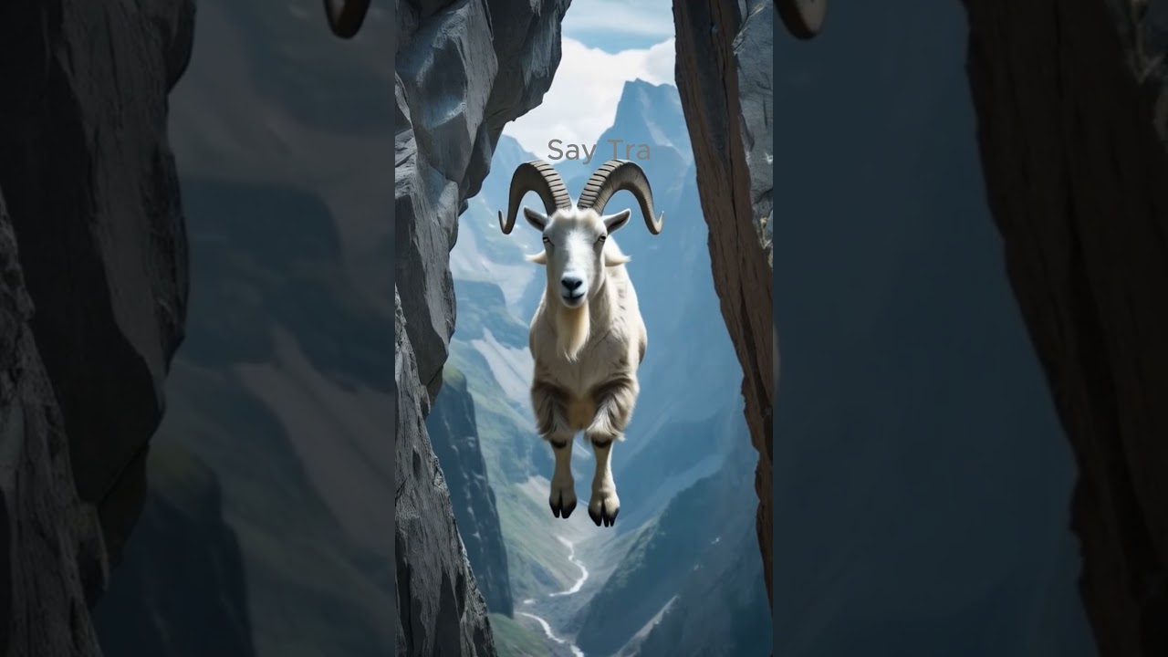 A goat leaps and balances itself in the air. 