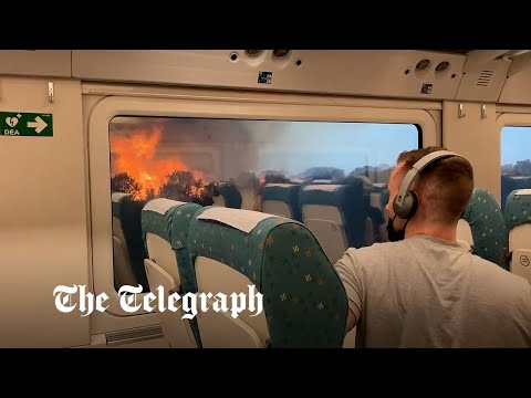 Terrifying moment wildfires surround stopped train in Spain
