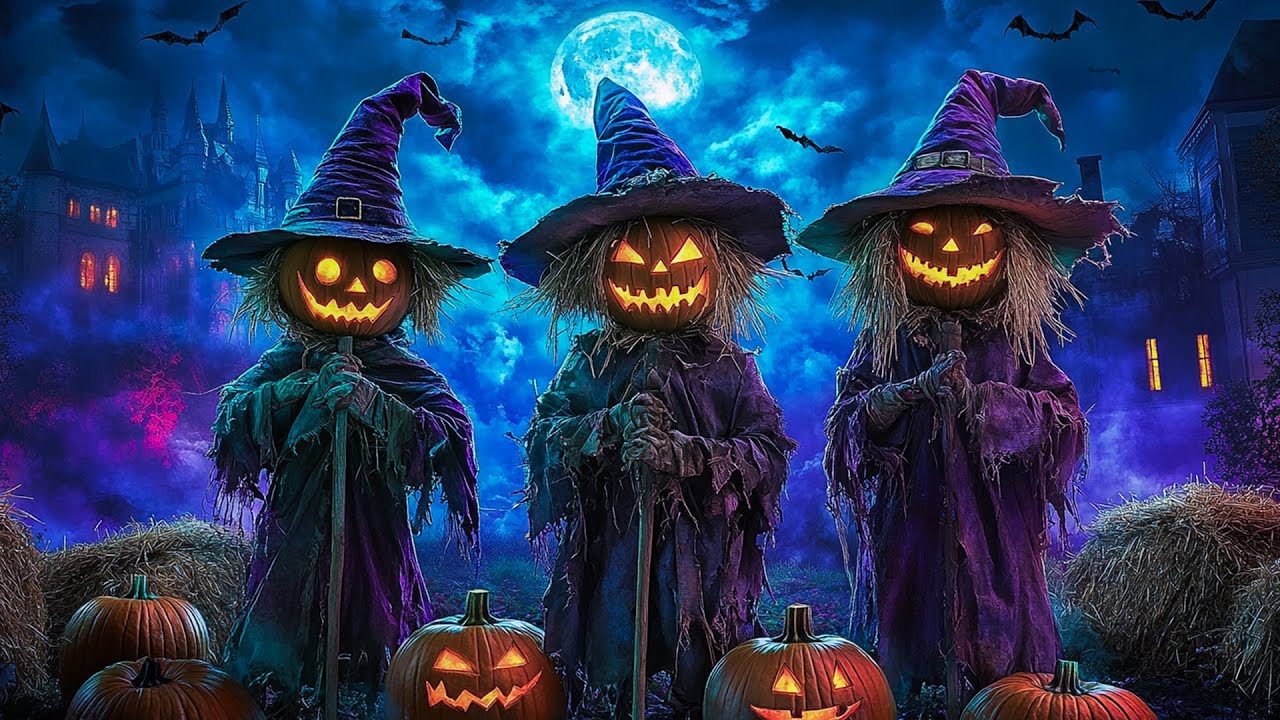 Halloween Ambience 2025 🏰Haunted Scarecrow Quartet 👻 Spooky Halloween Night at the Pumpkin Farm