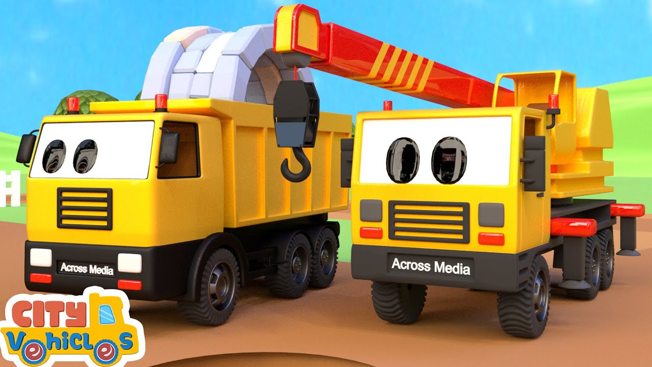 Construction vehicles build wind turbines-crane truck, Excavator, dump truck and tractor for Kids.