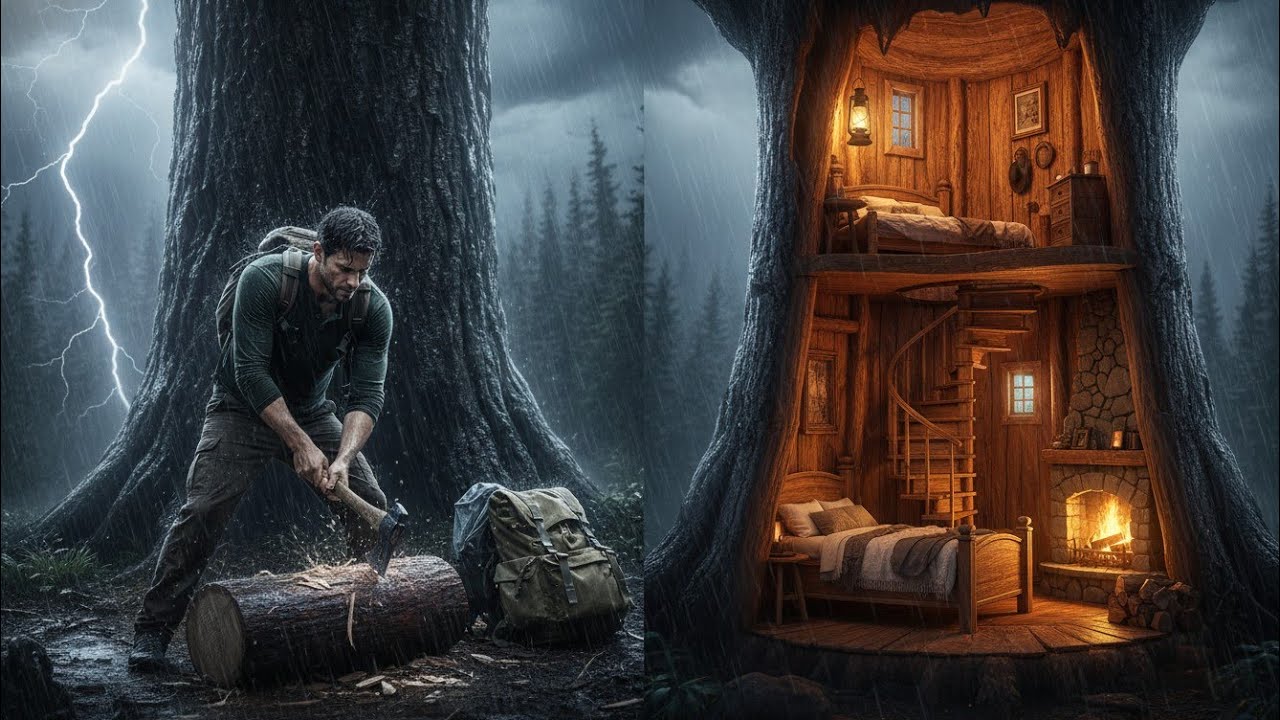 Building a Luxury House Inside a Giant Tree 🌲 | ASMR Survival Shelter in the Rain