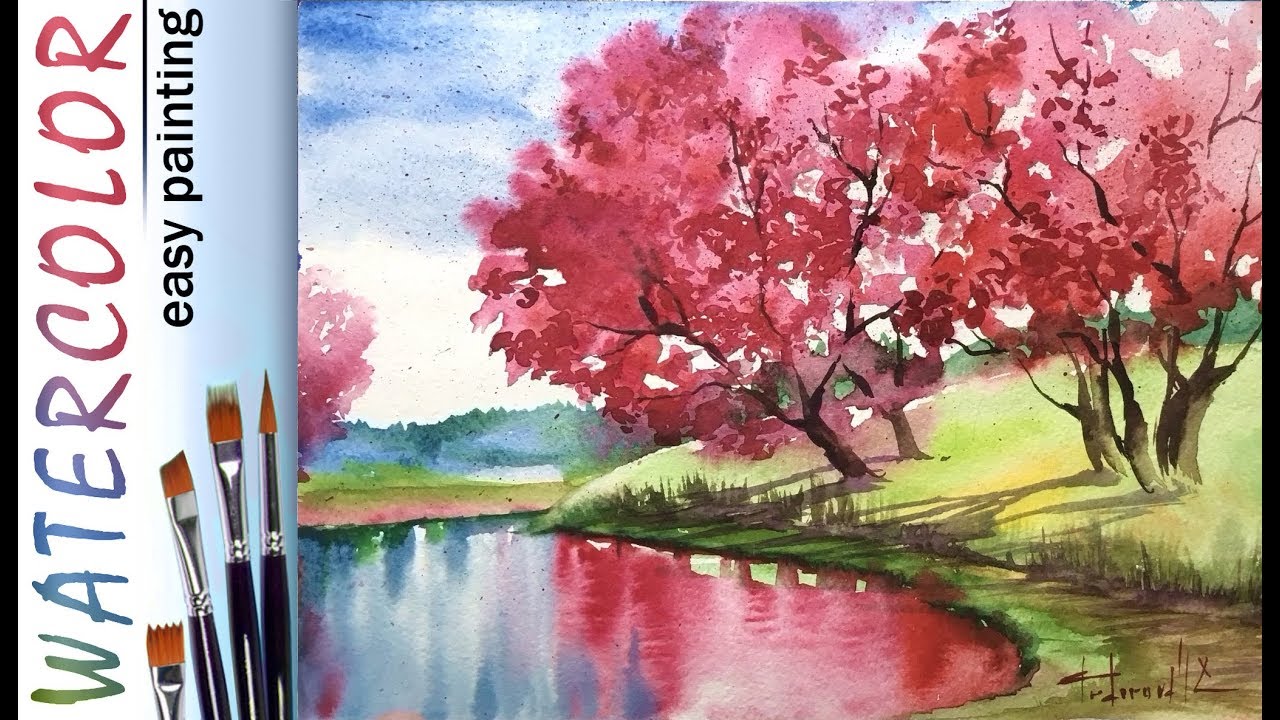 Bloom Trees And Reflection" Landscape - How To Paint 🎨Watercolor Tutorial For Beginners - Youtube