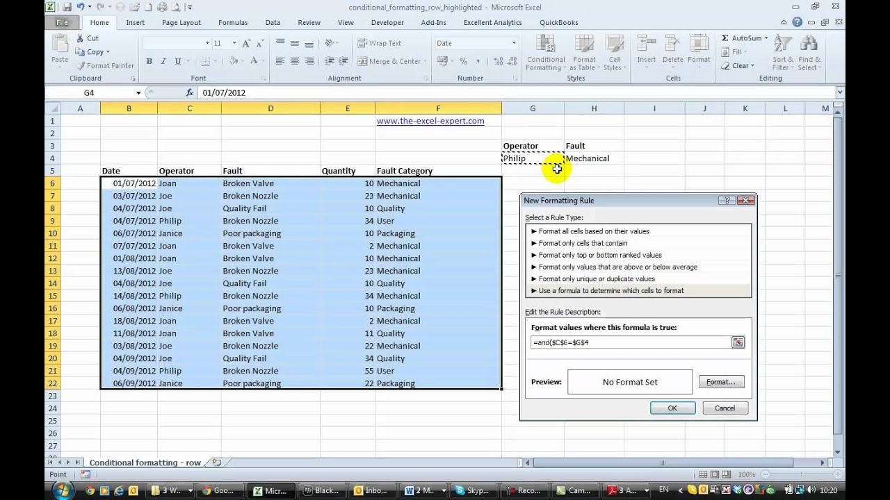 conditional-formatting-row-in-excel-2010-with-multiple-conditions-using-the-and-function-youtube