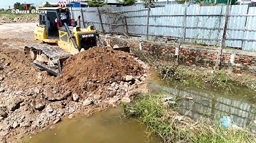 Amazing Landfill into Huge Flood Zone Use Shantui Dozer Pushing Land with Dump Truck Unloadding