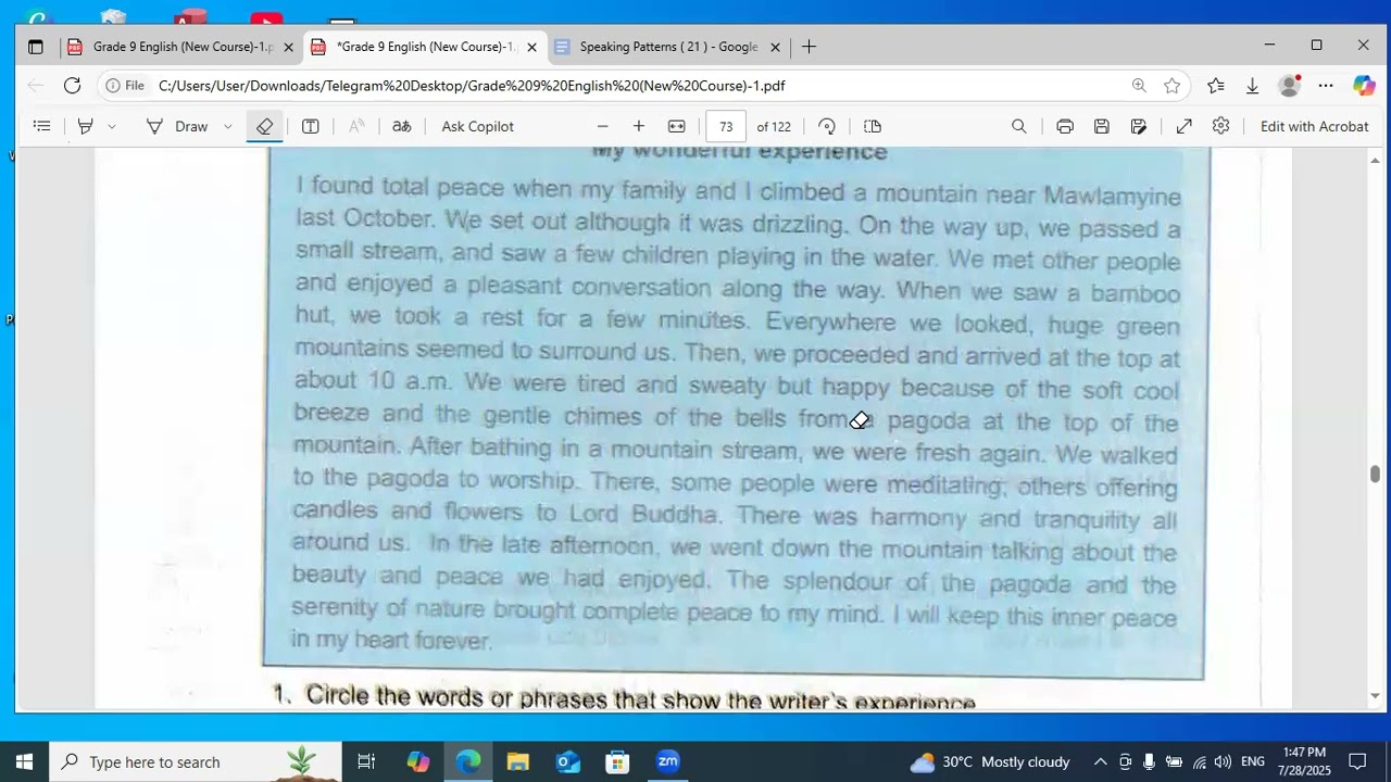 Grade 9 , unit 7 , lesson 4 . I found totally peace ! ( Writing )