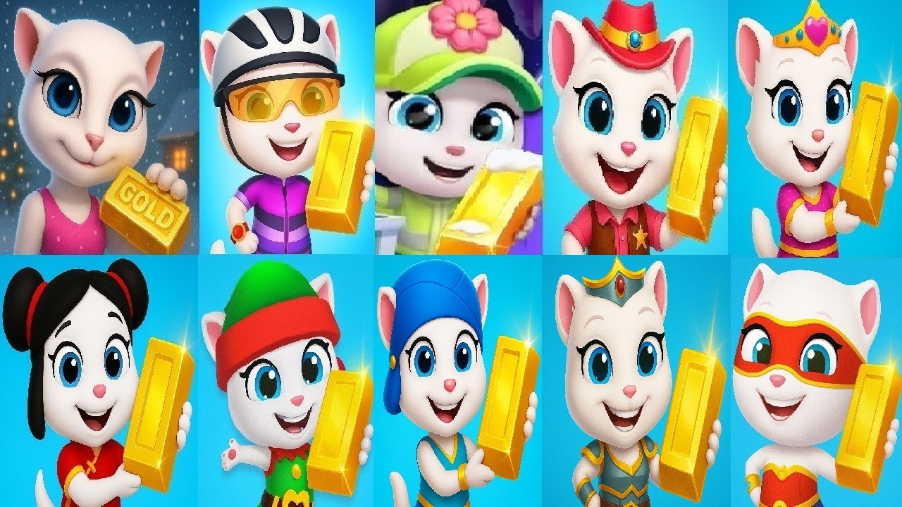 Talking Tom Gold Run Cyclist Angela VS Lucky Angela Eco  PRINCESS  ELF COWBOY Valkyrie SUPER Angela
