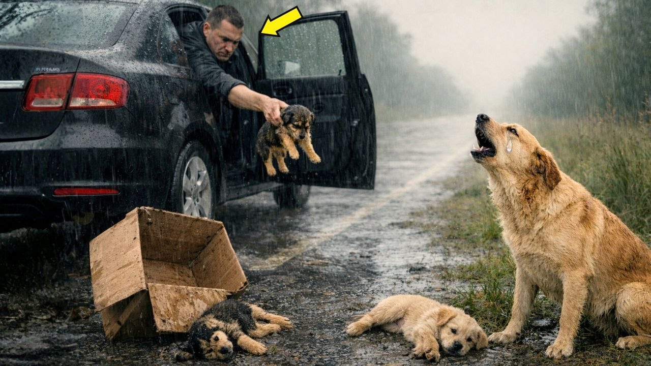Por pura crueldade, ELA e seus FILHOTES foram deixados numa estrada deserta… até que ALGUÉM parou..