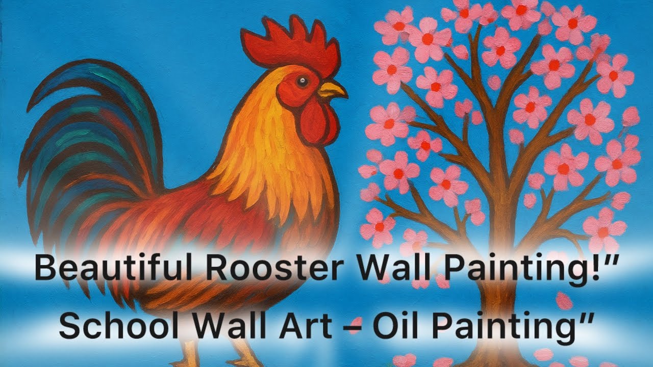 Beautiful Oil Painting on School Wall | Rooster & Spring Tree Mural | Classroom Art Decoration