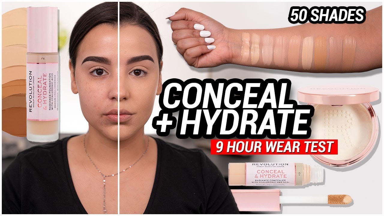 TESTING NEW REVOLUTION CONCEAL + HYDRATE FOUNDATION, CONCEALER + POWDER! 9  HOUR WEAR TEST! - YouTube
