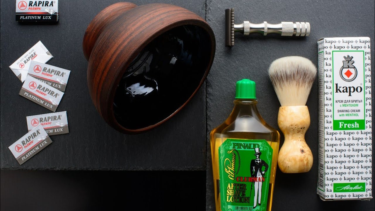 Бритьё: станок Maggard V3A Aggressive, чаша Воевода, лосьон Clubman, помазок Brito, крем Каро