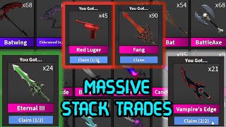 TRADING FOR MASSIVE STACKS OVER 200+ GODLIES! MM2 TRADING MONTAGE 18!