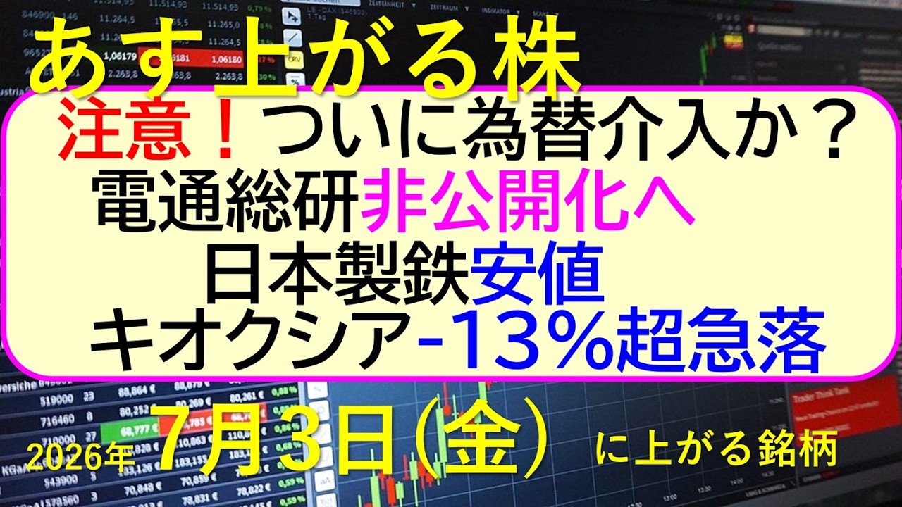 注意、ついに為替介入か？電通総研が非公開化へ。日本製鉄、安値