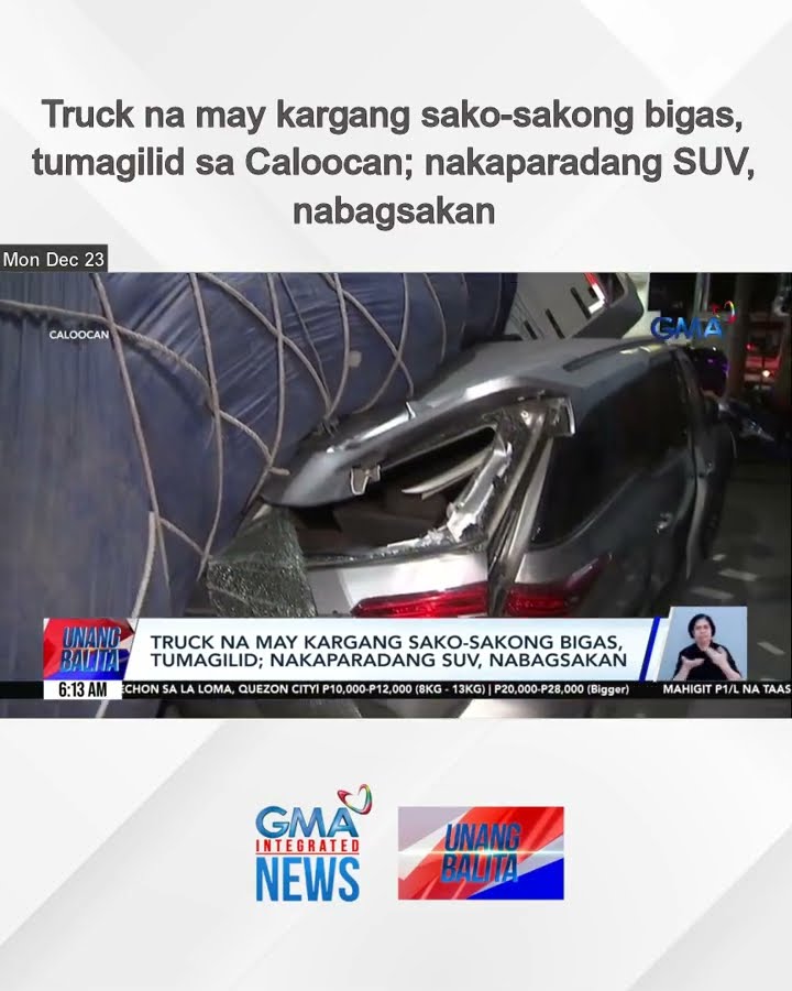 Truck na may kargang sako-sakong bigas, tumagilid sa Caloocan; nakaparadang SUV,... | Unang Balita