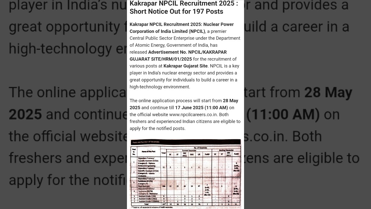 Kakrapar NPCIL Recruitment 2025 : Short Notice Out for 197 Posts 