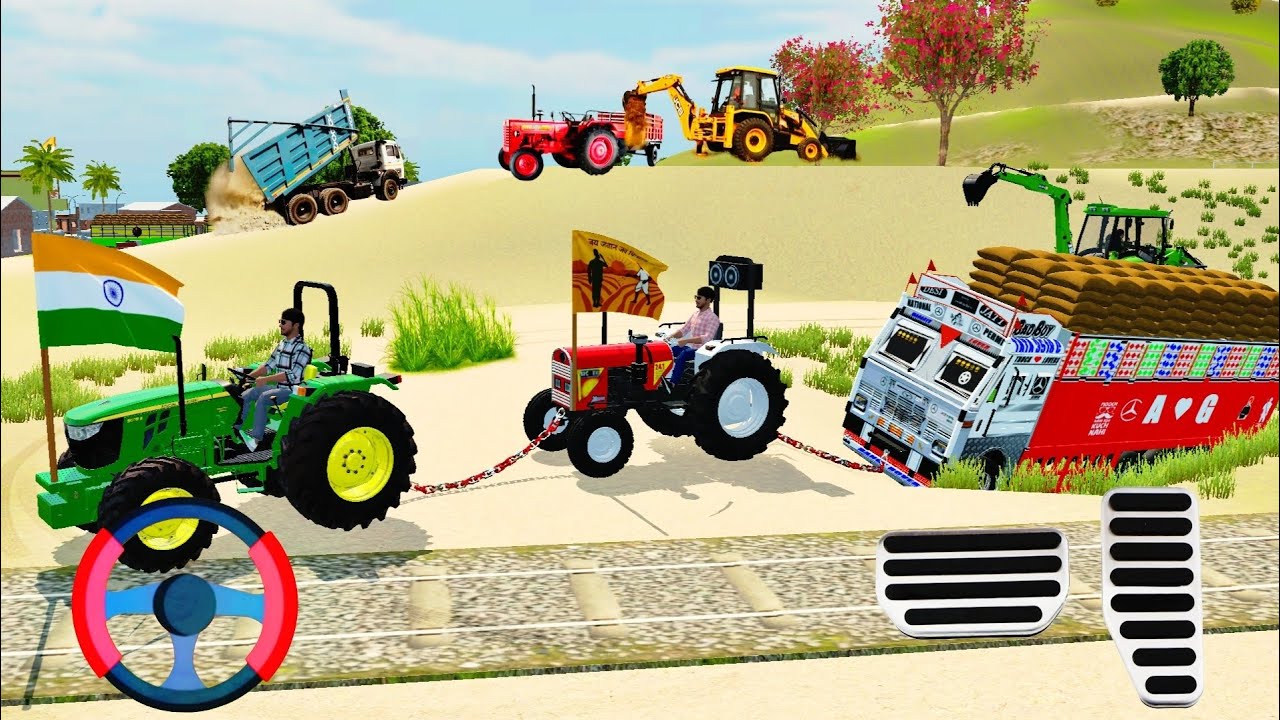 Indian loaded Truck stuck in track rescue by two tractor and jcb 😰 #viral #tractor #rescue #games