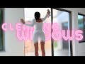 4k cleaning transparent windows in dress  natural petite body