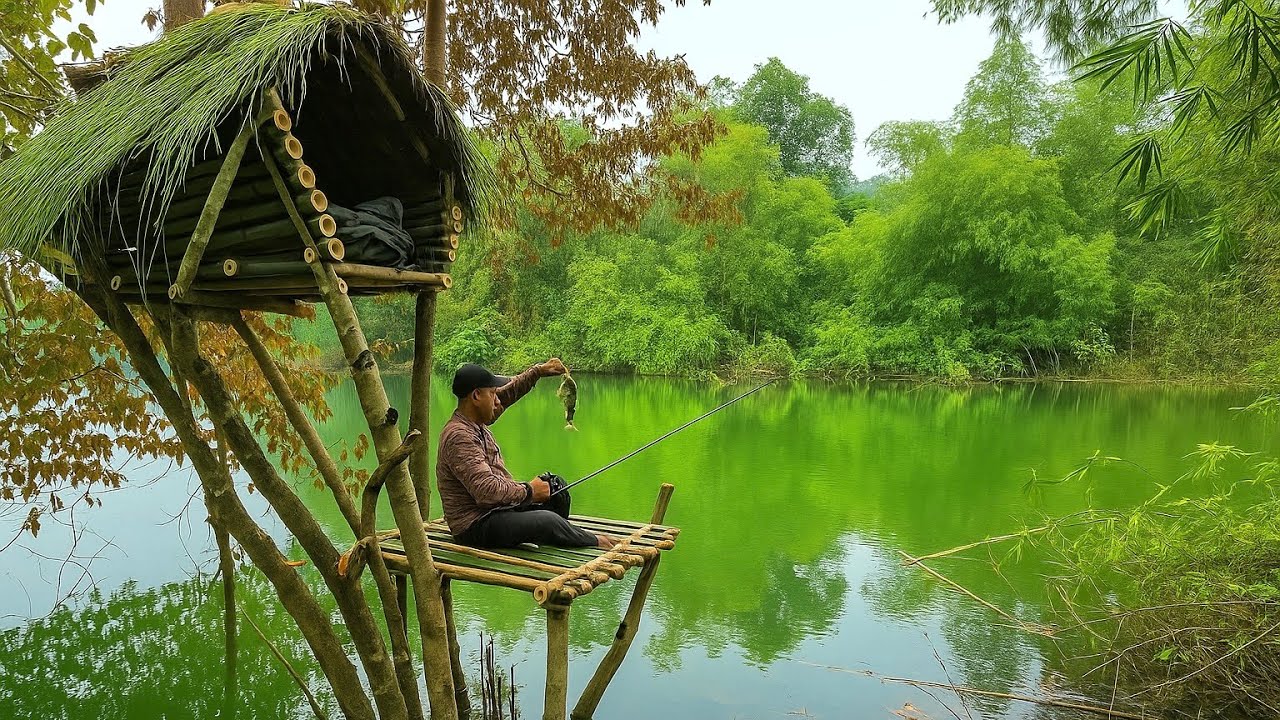 Building a Bamboo Treehouse by the Lake | Fishing & Surviving in the Wild