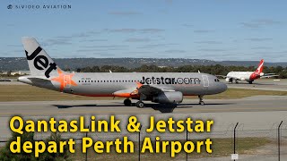 QantasLink (VH-VQS) and Jetstar Airways (VH-XNN) depart Perth Airport on RW03.