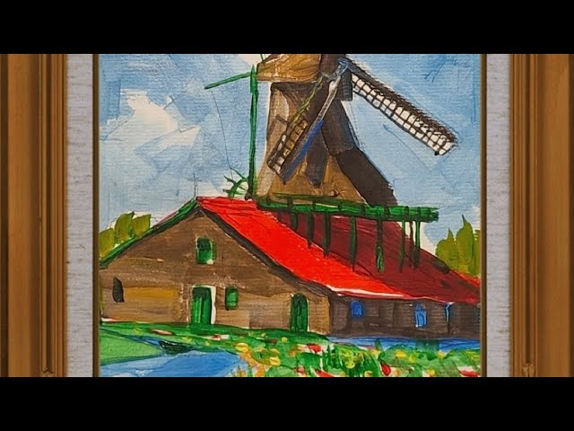 作者不詳 油彩画 土人教画】666 丙烯画荷兰风车terrain art class– windmill 土人