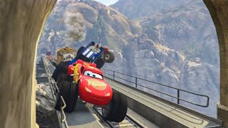 Monster McQueen Truck & Mack Truck Hauler and Monster Truck Friends In Trouble With Train Jumping !!