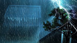 Heavy rain and thunder roared on the old steel roof of a tropical farm at night | rain for sleep