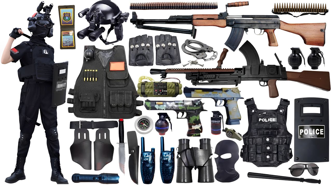 Special police weapon toy set unboxing, crooked handle machine gun, rocket launcher, Glock pistol