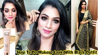 Lakme CC cream makeup tutorial| Indian festival makeup look with gown| easy black golden smokey eyes