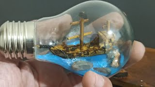 كيفية صنع سفينة خشبية للديكور داخل مصباح  how to make miniature ship in a bottle