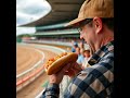 Guy eats hotdog at race track!