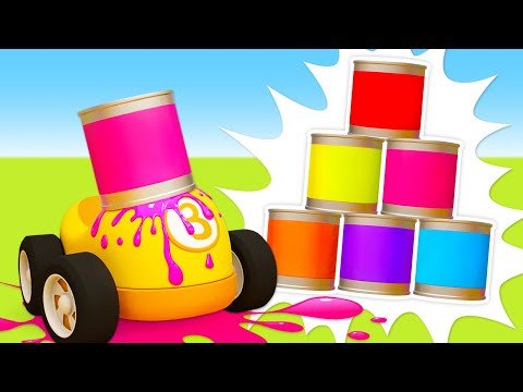 Racing cars at the repair shop. Helper Cars cartoon for kids. Crane truck & tow trucks for kids.