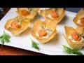 Stylish phyllo snack with salmon, horseradish and mascarpone