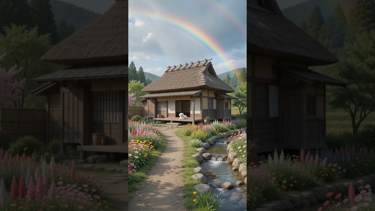Peaceful Japanese Home Garden | Small Birds,White Puppy