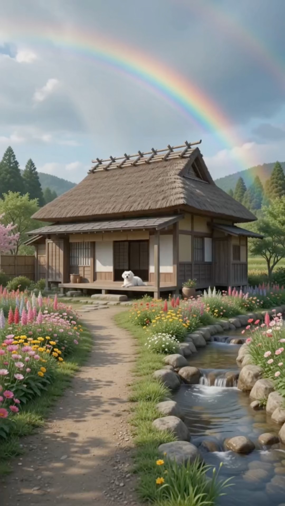 Peaceful Japanese Home Garden | Small Birds,White Puppy