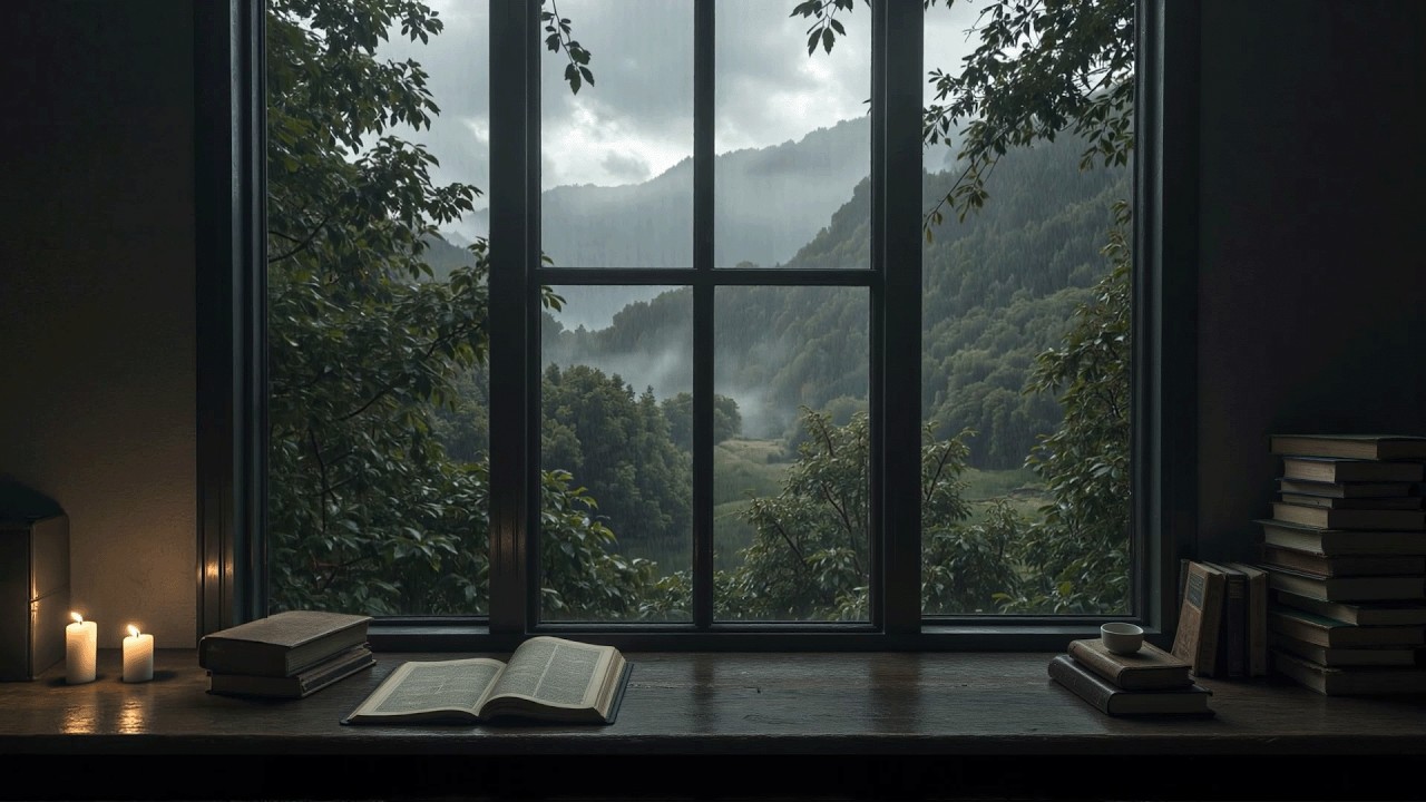 𝗤𝘂𝗶𝗲𝘁 𝗥𝗲𝗮𝗱𝗶𝗻𝗴 𝗯𝘆 𝗮 𝗥𝗮𝗶𝗻𝘆 𝗪𝗶𝗻𝗱𝗼𝘄 𝗢𝘃𝗲𝗿 𝗗𝗶𝘀𝘁𝗮𝗻𝘁 𝗚𝗿𝗲𝗲𝗻 𝗛𝗶𝗹𝗹𝘀 | 𝗗𝗮𝗿𝗸 𝗔𝗰𝗮𝗱𝗲𝗺𝗶𝗮 𝗣𝗶𝗮𝗻𝗼 𝗳𝗼𝗿 𝗙𝗼𝗰𝘂𝘀 & 𝗦𝗼𝗹𝗶𝘁𝘂𝗱𝗲