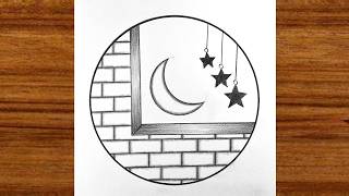Easy Circle scenery drawing | How to draw pencil sketch scenery | Eid Mubarak drawing step by step